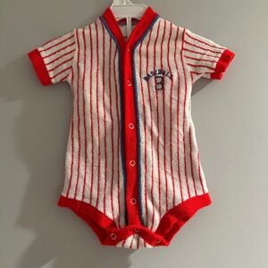 Vintage Babygro Baseball Terry Cloth Romper Outfit Red White Blue 6 Months
